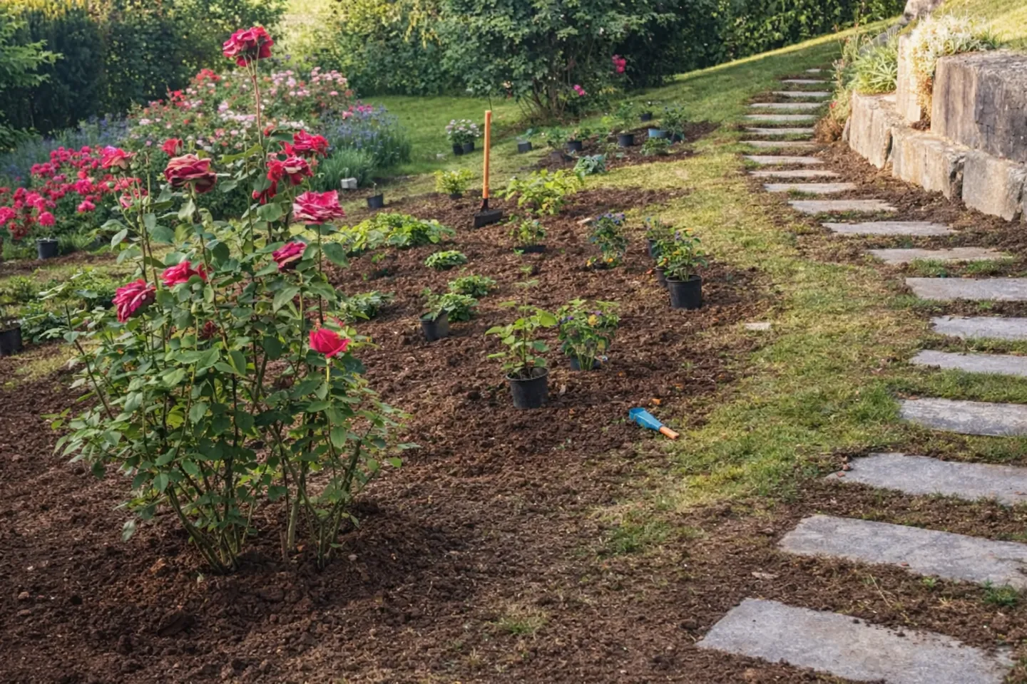 Neu angelegter Rollrasen bei Neubau und Gartenumbau