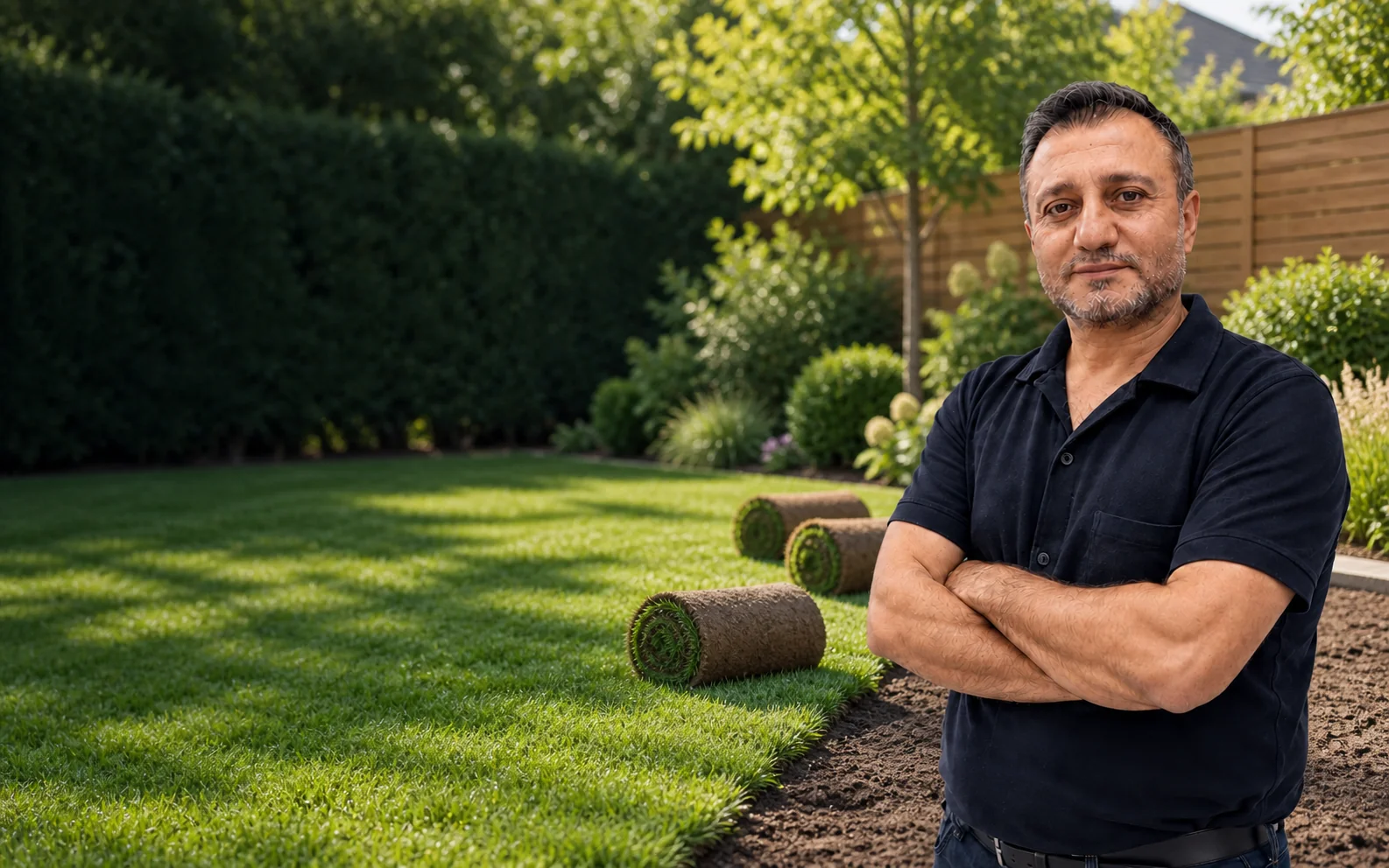 Rapid-Ansprechpartner in einem Garten mit frisch verlegtem Rollrasen