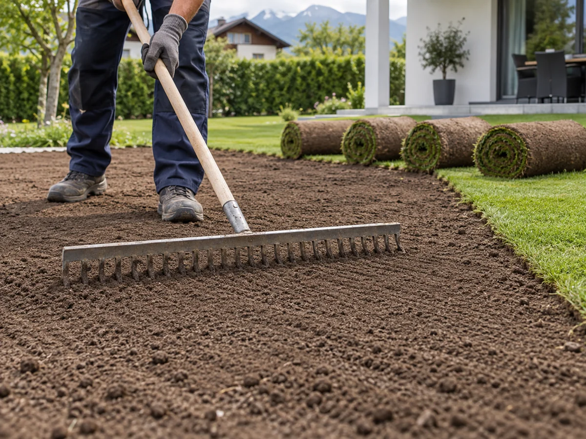 Feiner Gartenboden wird mit einem Rechen für die Rollrasenverlegung eingeebnet